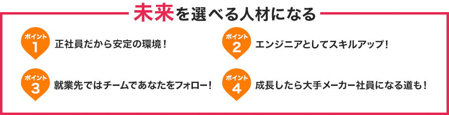 未来を選べる人材になる　ポイント1 正社員だから安定の環境！　ポイント2 エンジニアとしてスキルアップ！　ポイント3 配属先ではチームであなたをフォロー！　ポイント4 成長したら大手メーカー社員になる道も！